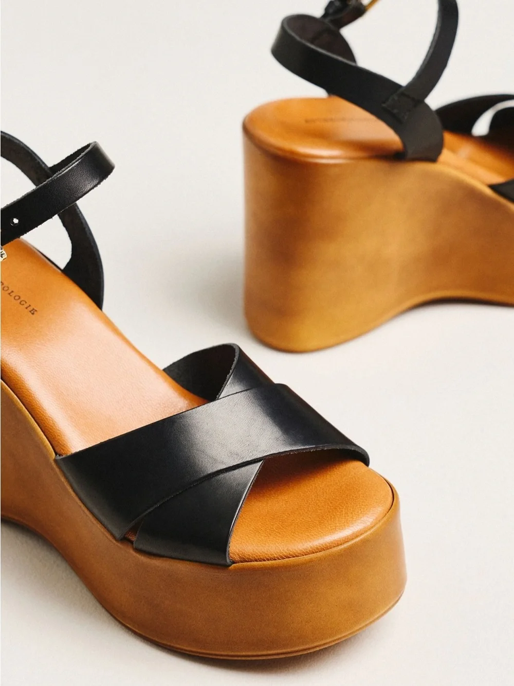 Anthropologie Black Leather Crisscross Platform Wedge Sandals - Picture 2 of 9